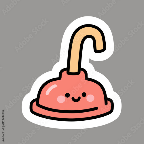 A cute and helpful kawaii-style toilet plunger with a friendly smiling face, a charming and humorous character for bathroom-themed designs and cleaning reminders.
