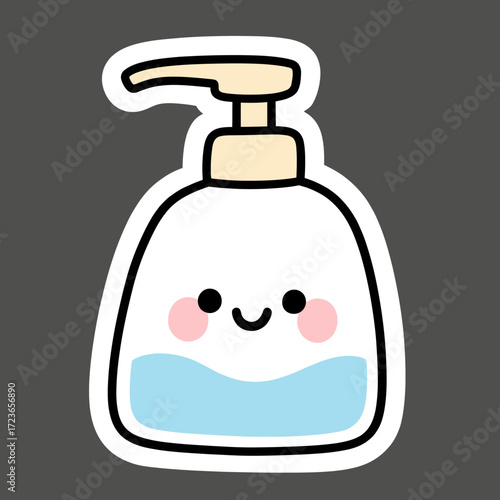 An adorable and friendly kawaii-style soap dispenser with a happy smiling face, a charming character for promoting hand washing, hygiene, and bathroom cleanliness.
