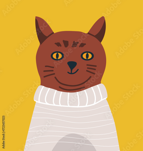  Cute cat avatar, character in sweater, hand drawn vector illustration
