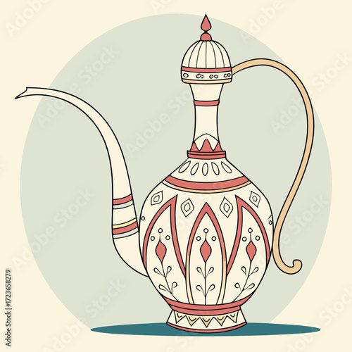 Decorative vector illustration of an ornate Arabic coffee pot or teapot with traditional floral patterns. Perfect for cultural, restaurant, and design projects
