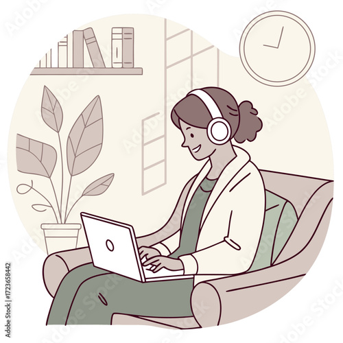 Vector illustration of a woman using a laptop with headphones at home. Remote work, online study, freelance, productivity, and cozy lifestyle concept