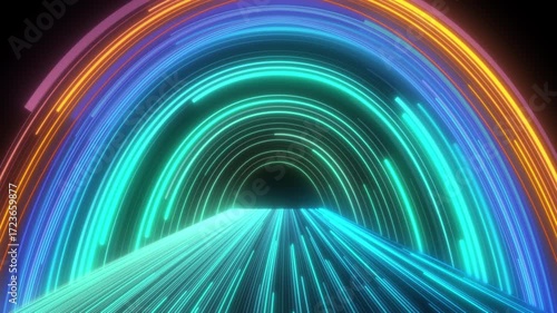 4K hyperloop neon tunnel glowing stripes with flashing light effects. Perfect abstract background for disco, party, VJ loops, concerts, music shows, nightclubs, and modern stage visuals.