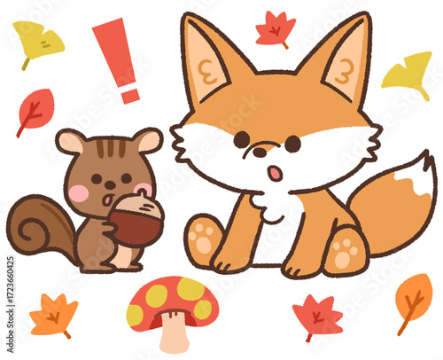 紅葉のなかで座る秋のキツネとリスの動物アイコンイラスト