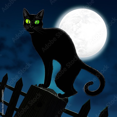 A black cat with luminous emerald eyes arches its back on a fence post, exuding a mischievous rather than menacing aura against a full moon backdrop.