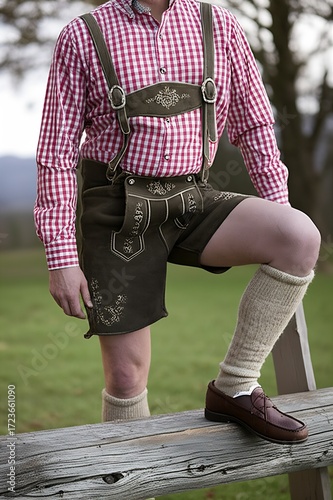 A man in traditional Bavarian lederhosen, complete with suspenders, checkered shirt, woolen socks, and Haferlschuh shoes, rests his foot comfortably on a footrest.