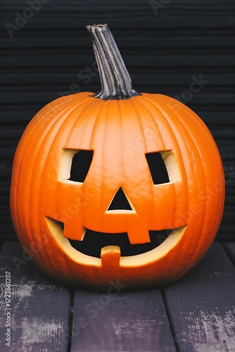 A solitary unlit jack-o-lantern rests on a sunlit doorstep, poised in quiet anticipation for the approaching spooky Halloween festivities.
