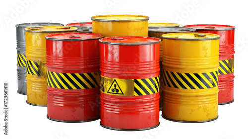 Hazardous chemical waste containers stacked with safety tape background isolated on a Transparent background, PNG file.