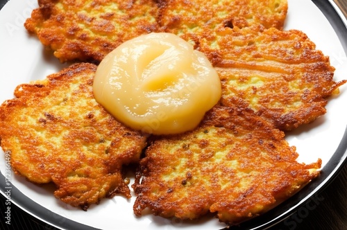 Crispy and savory reiberdatschi, also known as kartoffelpuffer or potato pancakes, served with sweet applesauce for a delightful treat.