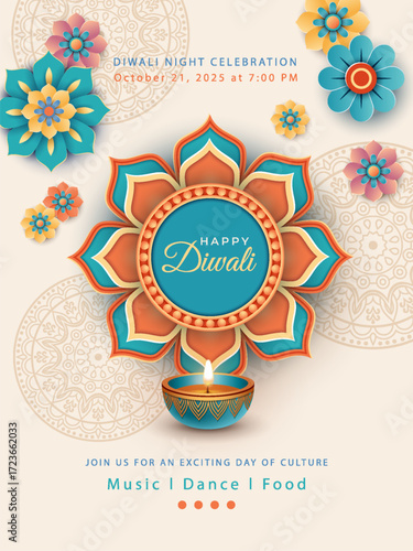 Happy Diwali Poster Template. Paper style Happy Diwali banner. Abstract image of mandala and an oil lamp on a decorative background