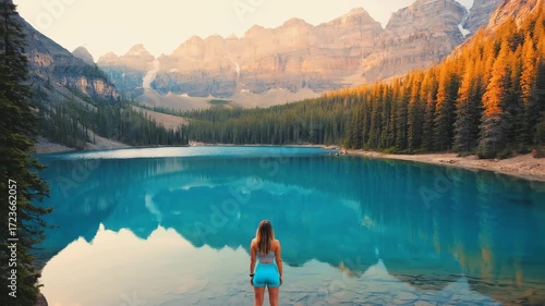 Woman standing by mountain lake, enjoying nature and freedom