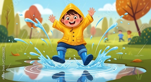 Kid jumps in puddle.