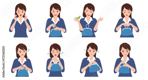 A woman's various emotional expressions while holding and interacting with her purse and money.