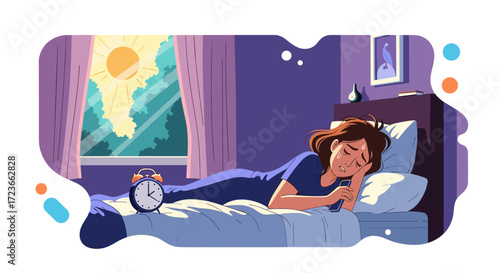 A person struggles to wake up as the morning sun shines through the window.