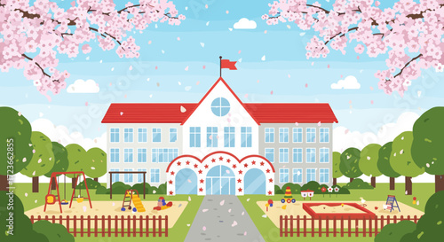 A bright and colorful elementary school building with a playground surrounded by blooming cherry blossom trees in spring.