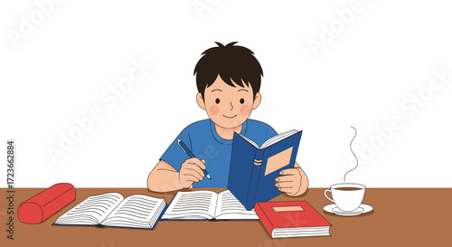 A young boy is diligently studying his books while enjoying a hot cup of coffee at his desk.