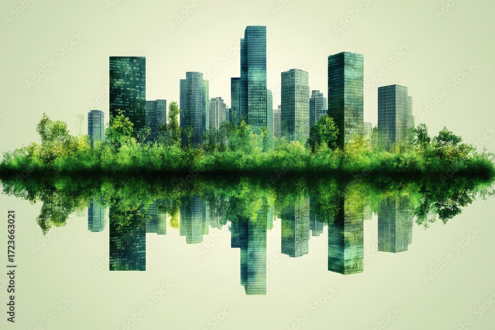 Obraz premium Cityscape with green trees mirrored, surreal and vibrant color. Perfect for eco-friendly city planning, modern architecture, design.