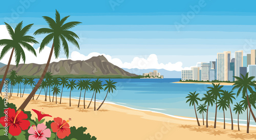 A scenic view of a tropical beach with palm trees and distant mountains and city skyline.