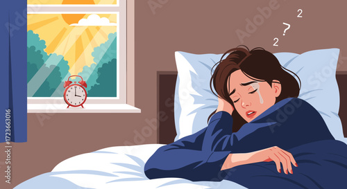 A young woman wakes up crying as the alarm clock rings indicating the early morning sun is shining through the window.