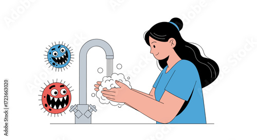 Washing hands with soap and water to prevent the spread of germs and viruses.