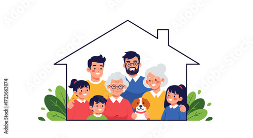 A loving multi-generational family enjoying quality time together inside their cozy home with a beloved pet.