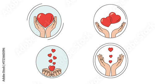 Caring for others with love and compassion represented by hands holding hearts and falling hearts in circles.
