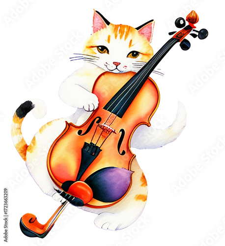 a cat playing violin clipart animal music element watercolor illustration