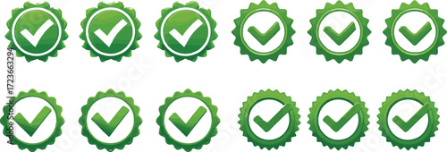 Vector art of collection of green check mark icons, symbolizing approval and validation