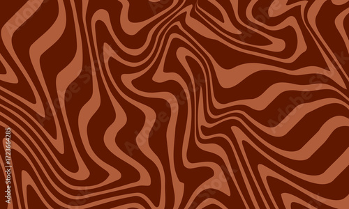 Retro coffee color background. Milk chocolate liquid dessert texture. Wavy swirl candy pattern for poster, cover, banner, pamphlet. Vintage brown trippy hippie wallpaper in 60s or 70s style. Vector