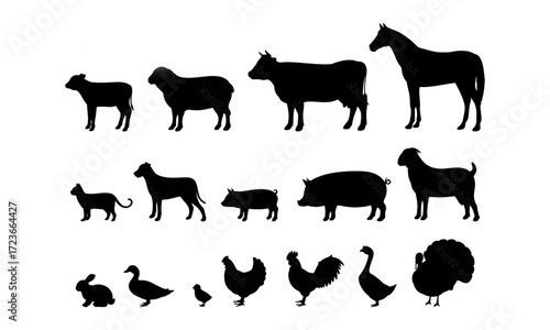 Diverse collection of farm animal silhouettes, showcasing a variety of livestock and poultry in black and white for easy integration into agricultural or educational designs