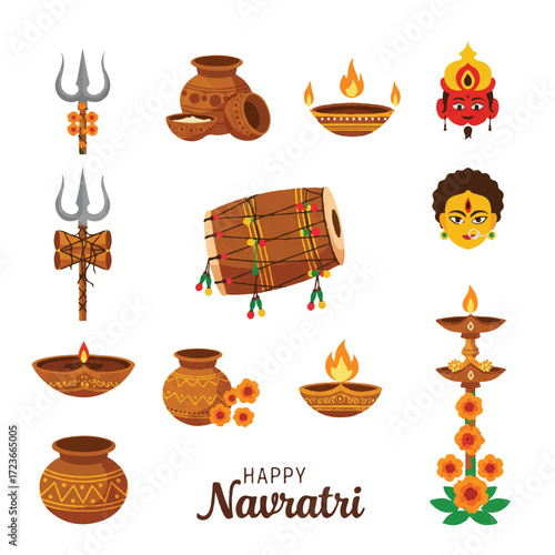 Vibrant flat 2D vector illustration showcasing traditional Navratri cultural symbols, including a sacred trishul and a festive drum, isolated on a clean white background.