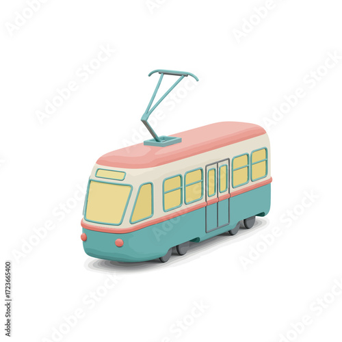 Cartoon tram travels along the tracks in a cheerful city, showcasing its pastel colors and rounded edges, creating a whimsical and nostalgic scene.