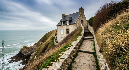 Coastal Stone House with Winding Pathway.