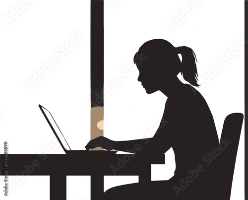Side profile silhouette of a woman sitting at a desk and typing on a laptop computer, representing remote work or online learning