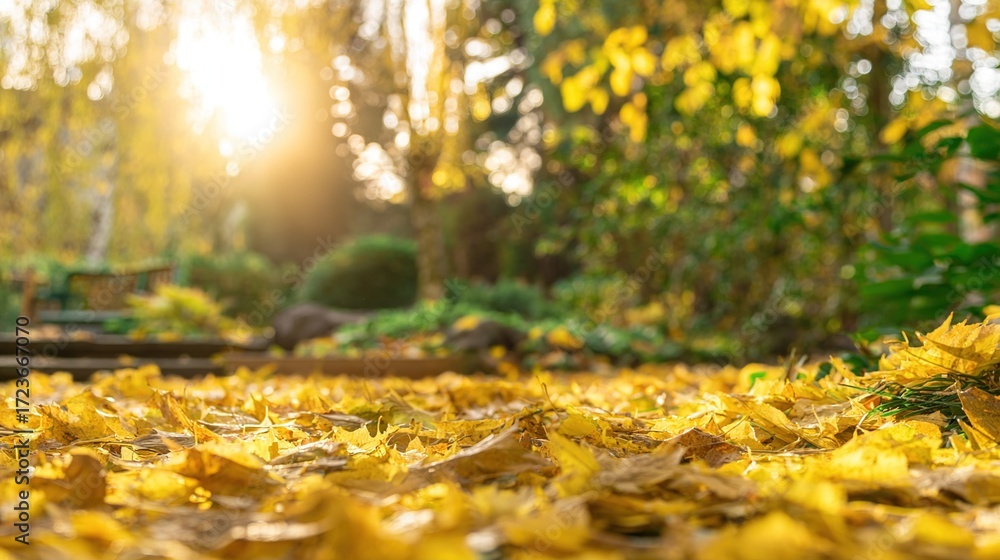 Obraz premium vegetation. Autumn garden bathed in warm sunlight with scattered golden leaves and peaceful ambiance. representing seasonal cycles and harvest abundance.