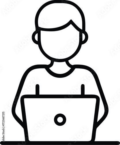 person works on laptop outline vector icon