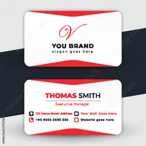 Modern and professional business card design with red accents and clean typography for personal branding