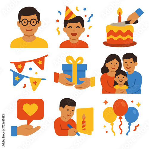 Robert lees birthday themed icons for family celebrations with cake and gifts galore.