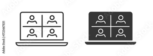 Webinar online on laptop pc icon line stroke outline art graphic illustration set, solid bold virtual video call meeting on computer sign symbol pictogram simple design, seminar electronic discussion
