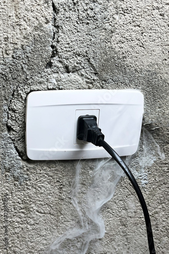 A smoking electrical outlet on a gray concrete wall from overvoltage, short circuit cause of fire