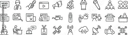 journalism outline vector icon set. media news, television broadcasting