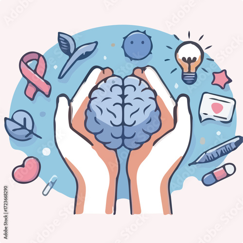 World Mental Health Day Vector with Brain and Awareness Ribbon