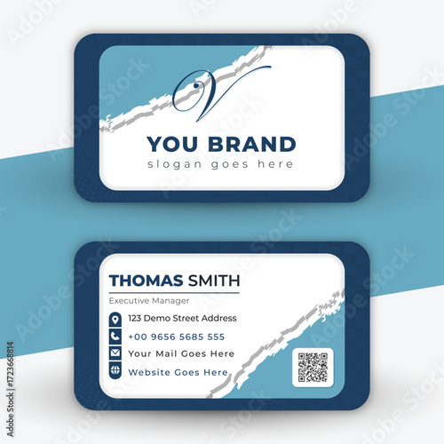 Modern business card design with blue and white abstract elements and company logo placeholder