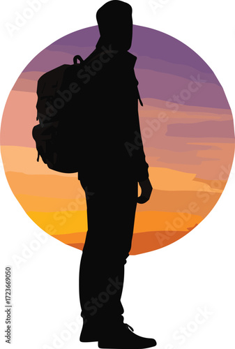 Vector silhouette of a solo hiker with a backpack watching the colorful sunset, symbolizing travel, adventure, and personal journeys