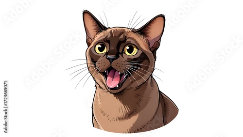 A portrait illustration of a (Burmese) sticking out tongue and panting, isolated on white background