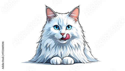 A portrait illustration of a (Turkish Angora) sticking out tongue and panting, isolated on white background