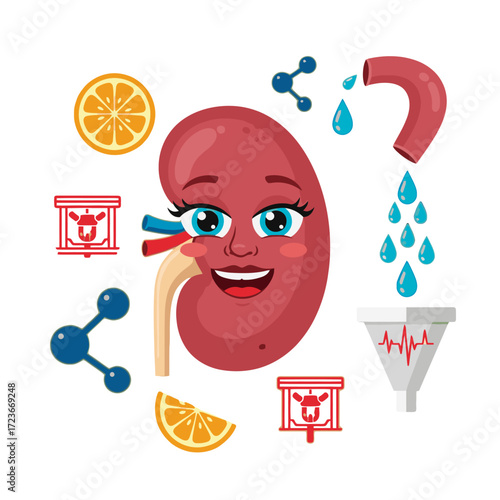 Healthy kidney cartoon character enjoying detoxification with orange slices and clean water, a vibrant and educational healthcare illustration