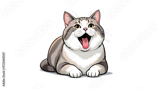 A portrait illustration of a (American Shorthair) sticking out tongue and panting, isolated on white background