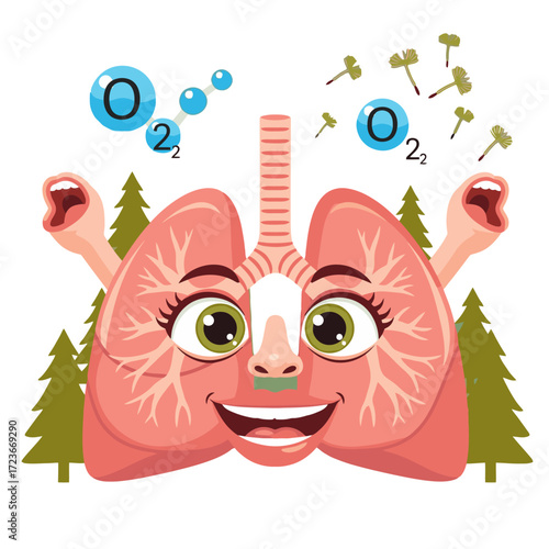 Cartoon lungs breathing fresh air with oxygen molecules, promoting respiratory health and clean environment awareness in a fun, educational style