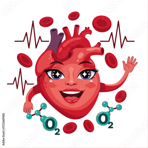 Adorable heart character waving hello with oxygen molecule and blood cell accents for educational and medical content that brings vital organs to life