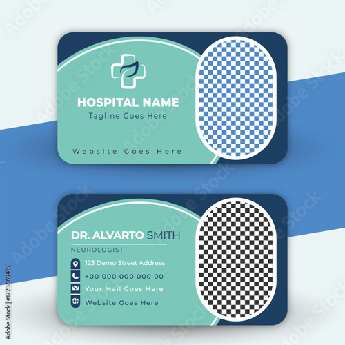 Modern medical business card design with hospital name and doctor s information on teal and blue background